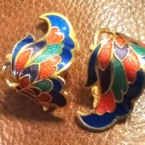 Vintage 70s Blue and Red Cloisonné Earrings with Gold tone Accents